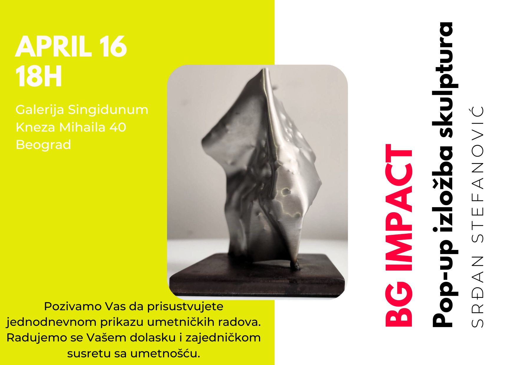 Једнодневна промоција и изложба нове колекције скулптура „BG IMPACT“ 16. априла у Галерији „Сингидунум“ у Београду